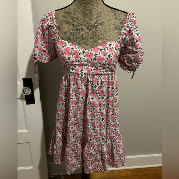 Pants Store Spring Awaits Pink Floral Puff Sleeve Scrunch Back Sun Dress - Picture 1 of 16